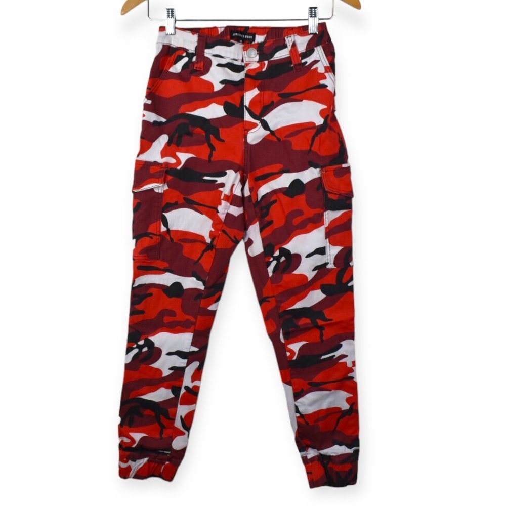 Almost Famous Pants M Womens Camo Skinny Cotton Blend Mid Rise Red Multicolor
